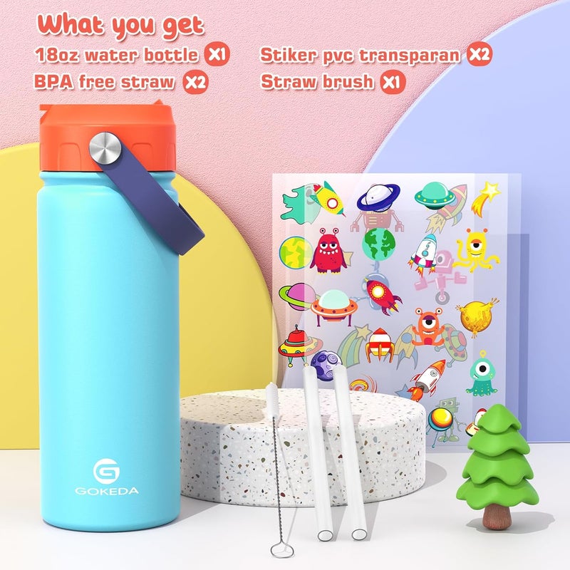 GOKEDA 18oz Kids Water Bottle, Insulated Water Bottles with Stickers, 18/8 Stainless Steel Vacuum Leak Proof Straw Cup for School, Gifts for Boys Girls(Orange,Blue) - Image 2